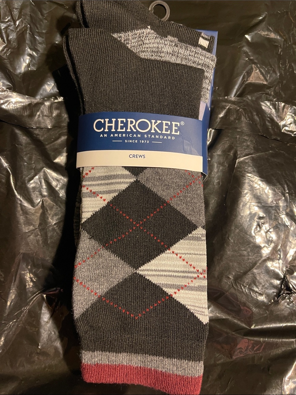 Cherokee Gray Argyle Crew Socks with Red Accents